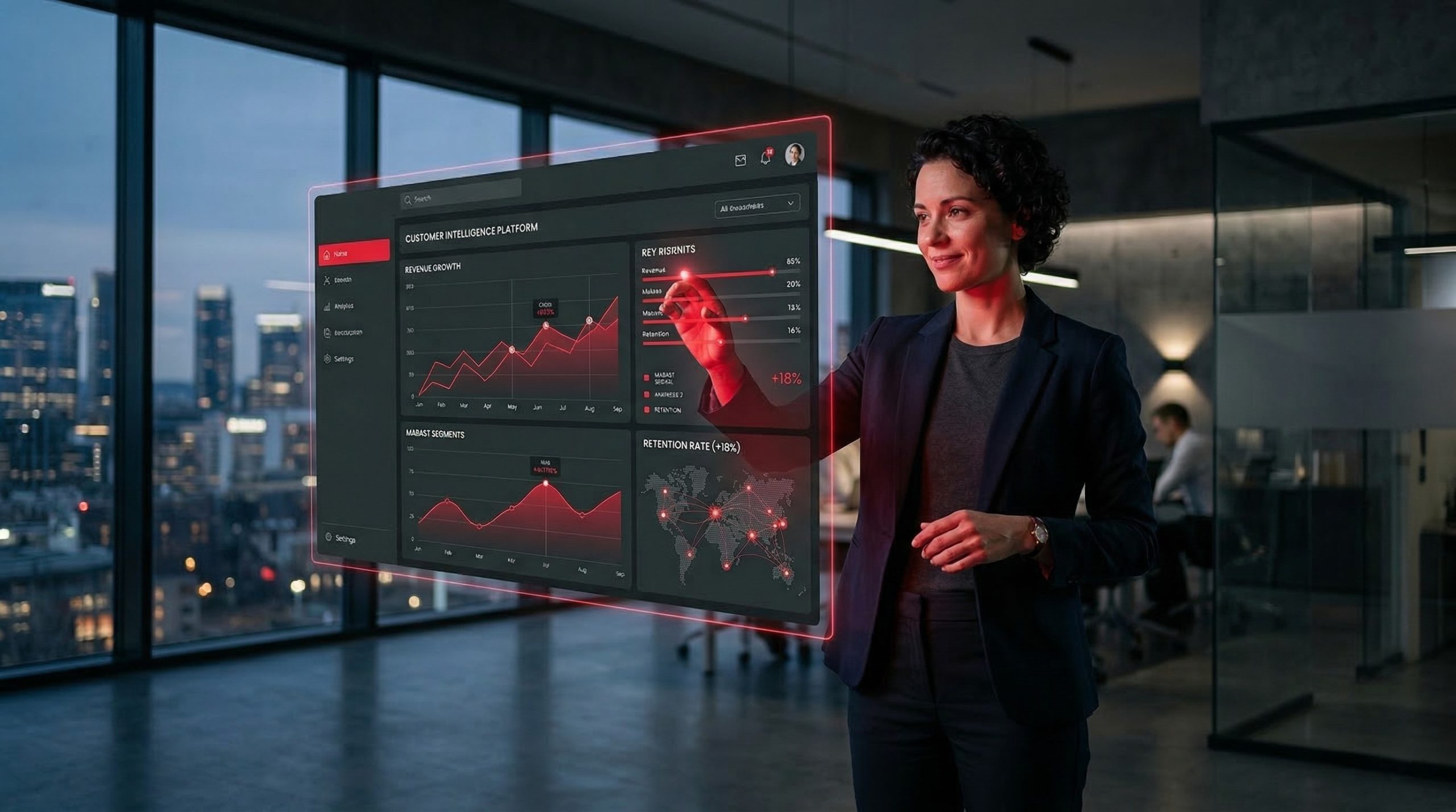 Profissional de inteligência de mercado analisando um dashboard digital e interativo de customer analytics, com gráficos de previsão de demanda e retenção de clientes.