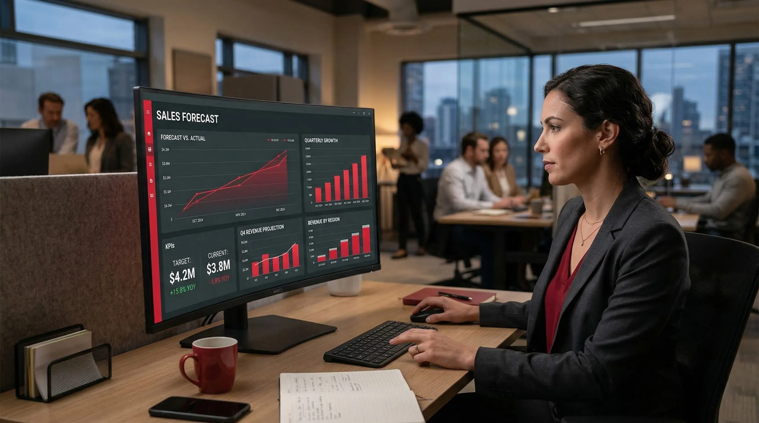 Profissional analisando dashboard de forecast de vendas com gráficos de projeção de receita.