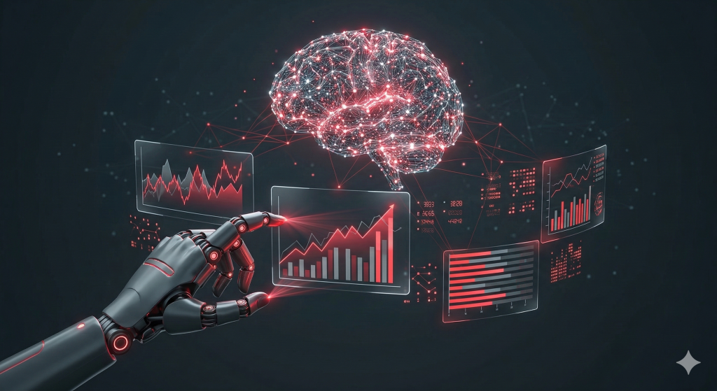 Cérebro digital brilhante e mão robótica interagindo com painéis holográficos vermelhos de dados e gráficos. A imagem ilustra como a Inteligência Artificial processa informações de mercado para otimizar a tomada de decisão em pricing.