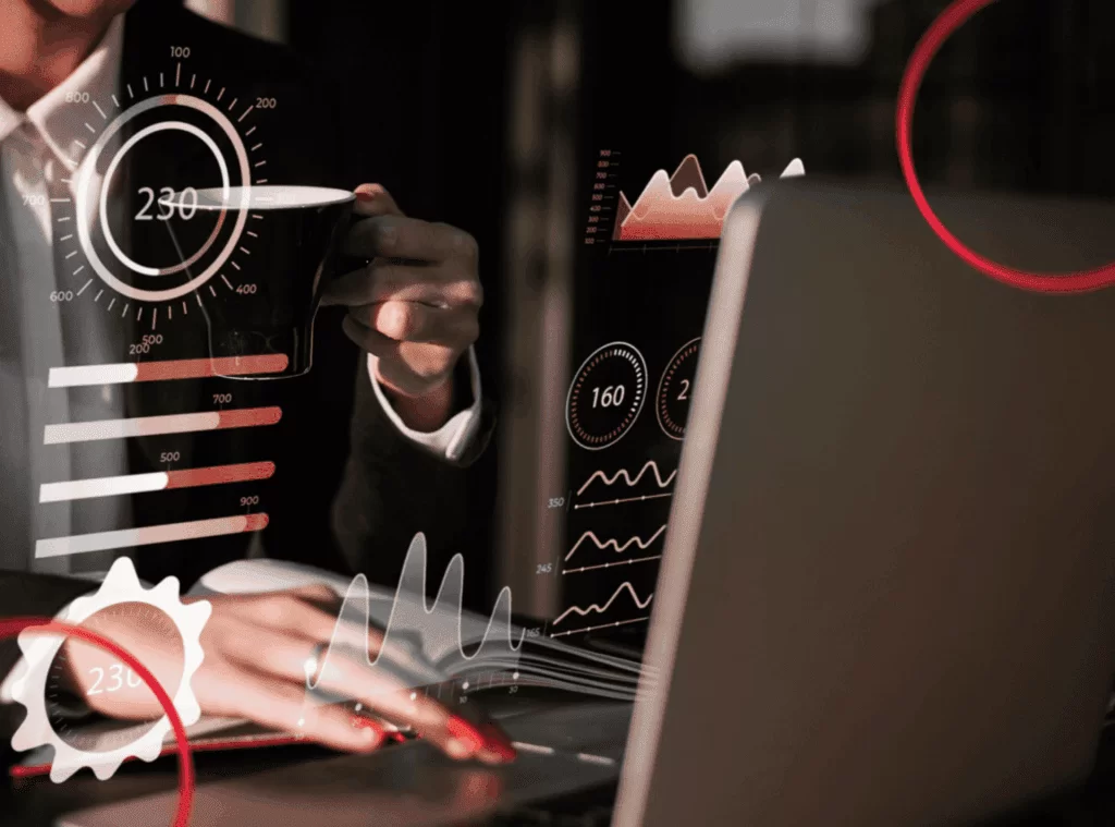 Imagem representado a simulação de mercado a partir de gráficos e setas direcionais, demonstrando também a análise para reduzir incertezas na tomada de decisão empresarial. Artigo sobre a importância da simulação de mercado para decisões estratégicas assertivas.