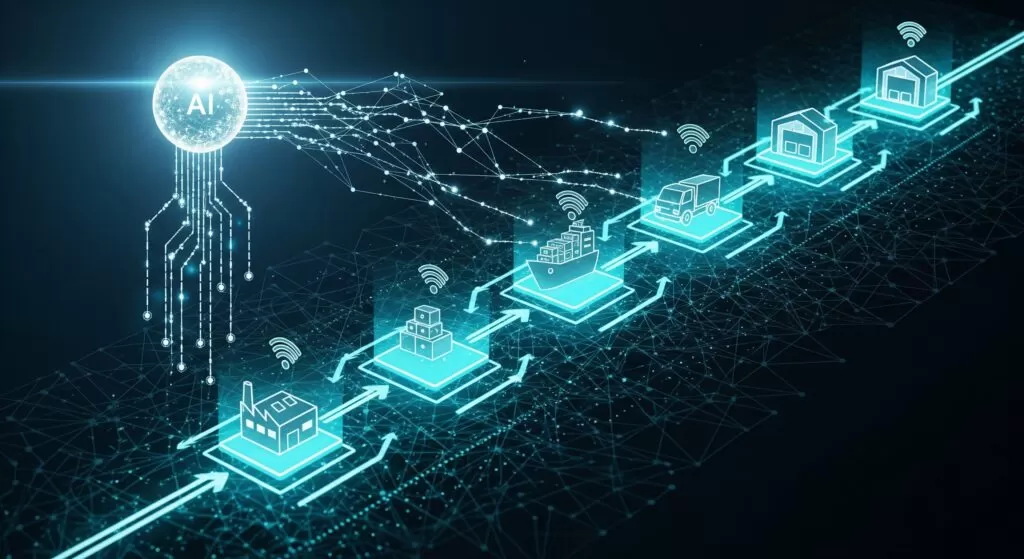 Ilustração futurista que representa como a Inteligência Artificial (IA) otimiza as decisões no supply chain. A imagem mostra a "jornada da IA": um caminho de dados luminoso que conecta as principais etapas da cadeia de suprimentos.