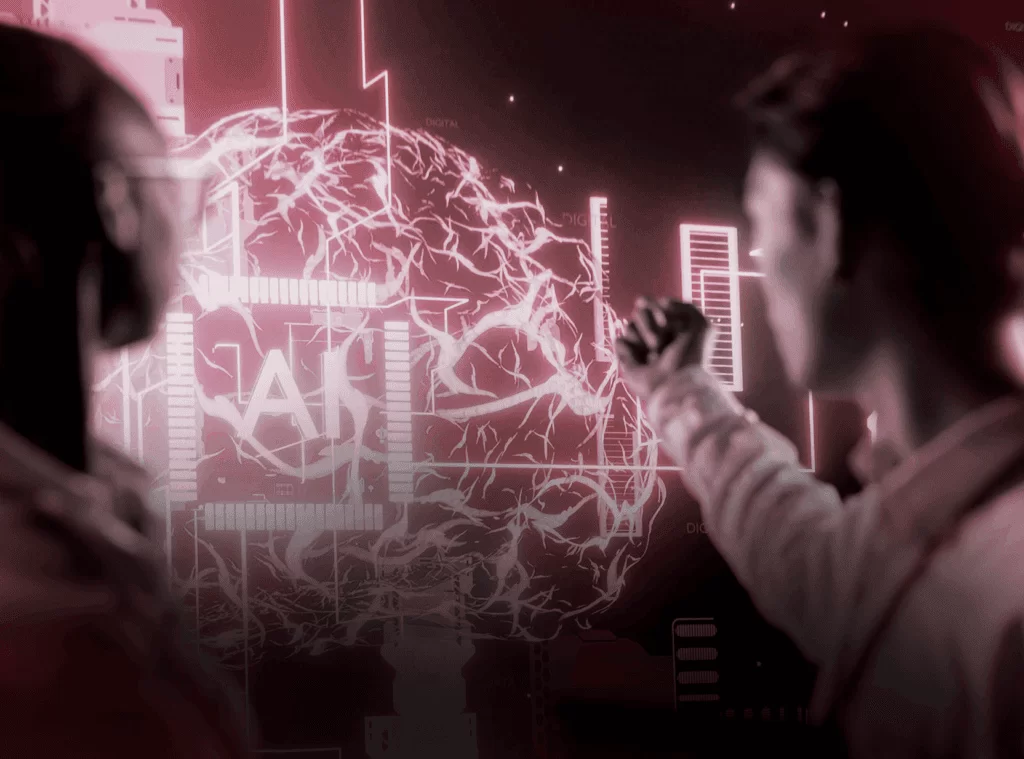 Inteligência Artificial (IA) transformando as decisões no supply chain. Imagem conceitual de profissionais tomando decisões baseadas em dados, utilizando uma tela futurista com um cérebro digital para otimizar a gestão e a logística da cadeia de suprimentos.