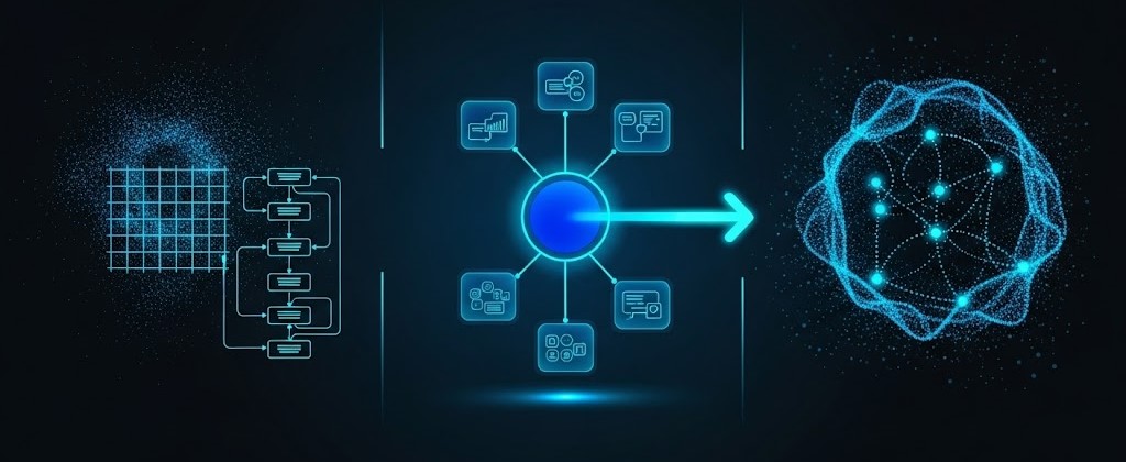 Ilustração conceitual dos 3 passos da maturidade analítica aplicados à tomada de decisão no supply chain. A imagem representa visualmente a jornada evolutiva da análise de dados.