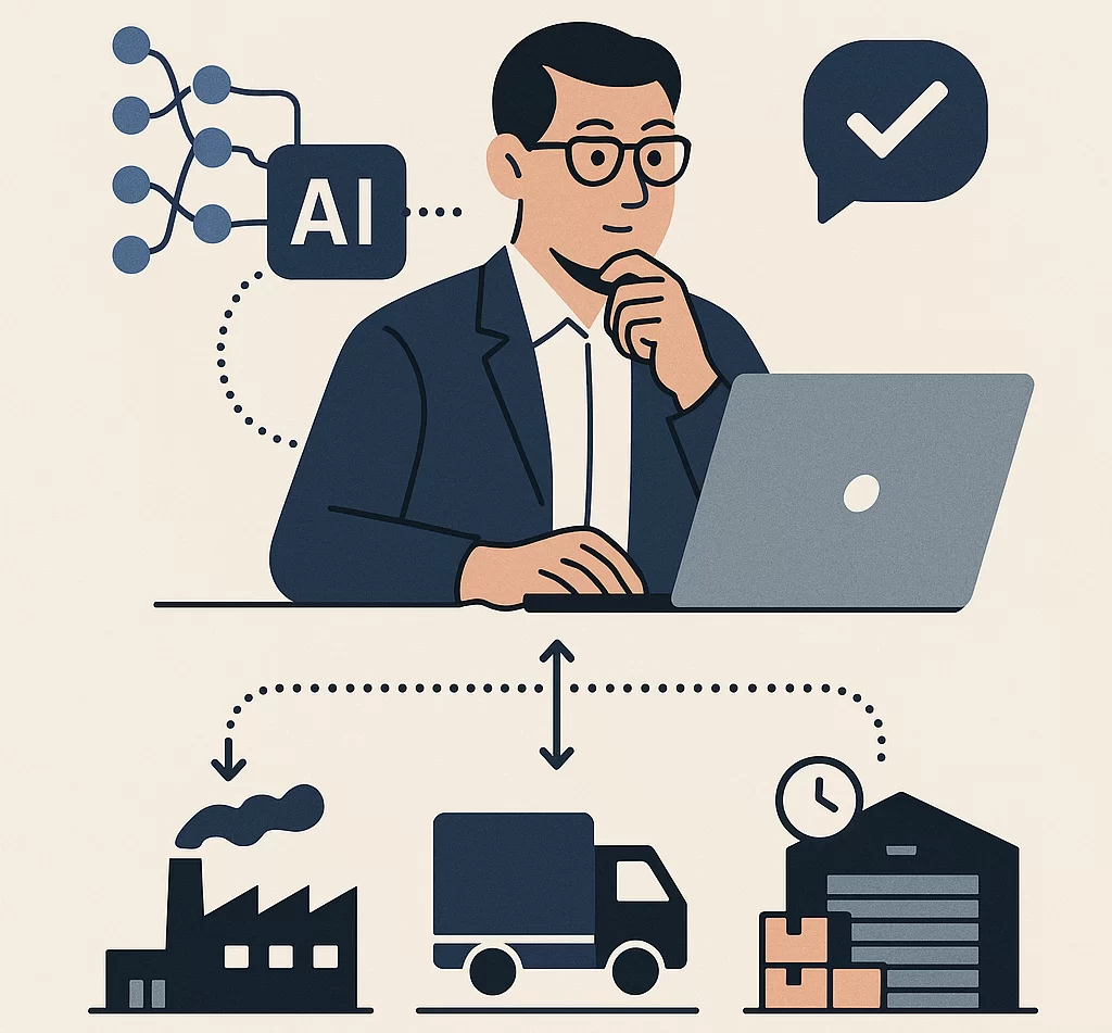 Ilustração de estilo flat mostrando um profissional analisando dados com inteligência artificial para otimizar decisões no supply chain, com ícones de fábrica, caminhão e armazém conectados ao computador.