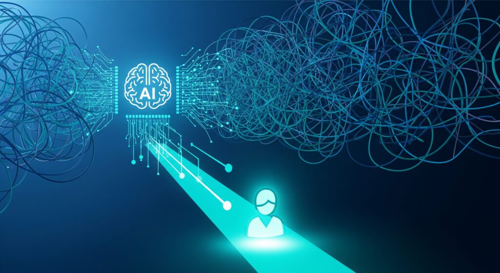 Por que usar IA na previsão de novos clientes? Ilustração conceitual que responde 'por que usar IA na previsão de novos clientes', mostrando um cérebro de inteligência artificial que transforma dados complexos em um caminho claro para identificar novos consumidores.