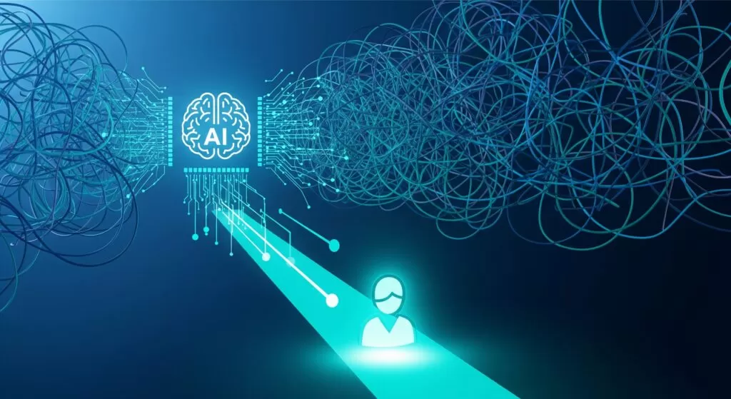 Por que usar IA na previsão de novos clientes? Ilustração conceitual que responde 'por que usar IA na previsão de novos clientes', mostrando um cérebro de inteligência artificial que transforma dados complexos em um caminho claro para identificar novos consumidores.