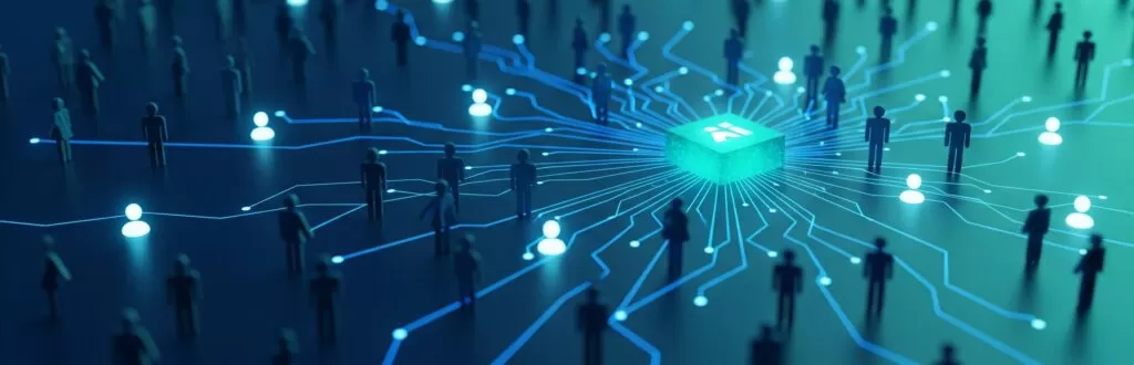 Ilustração conceitual de uma Inteligência Artificial (IA) fazendo a previsão de novos clientes ao analisar um grande grupo de perfis e selecionar alvos específicos com linhas de dados, simbolizando análise preditiva e aquisição de clientes.