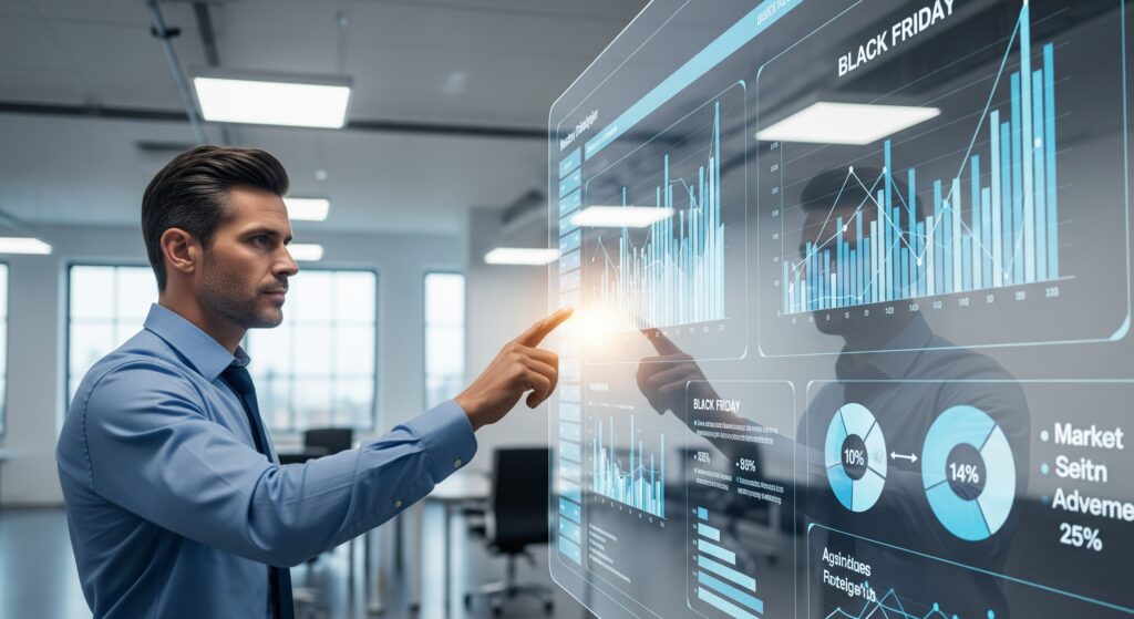 Analista de negócios aponta para um gráfico em uma tela interativa, usando inteligência de mercado para obter um diferencial competitivo e tomar decisões estratégicas na Black Friday.