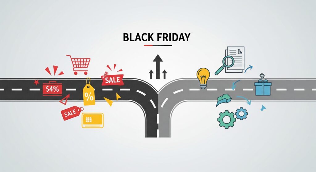 Ilustração de uma bifurcação representando o dilema de uma empresa sobre participar ou não da Black Friday, com um caminho mostrando ícones de vendas e outro de planejamento estratégico.