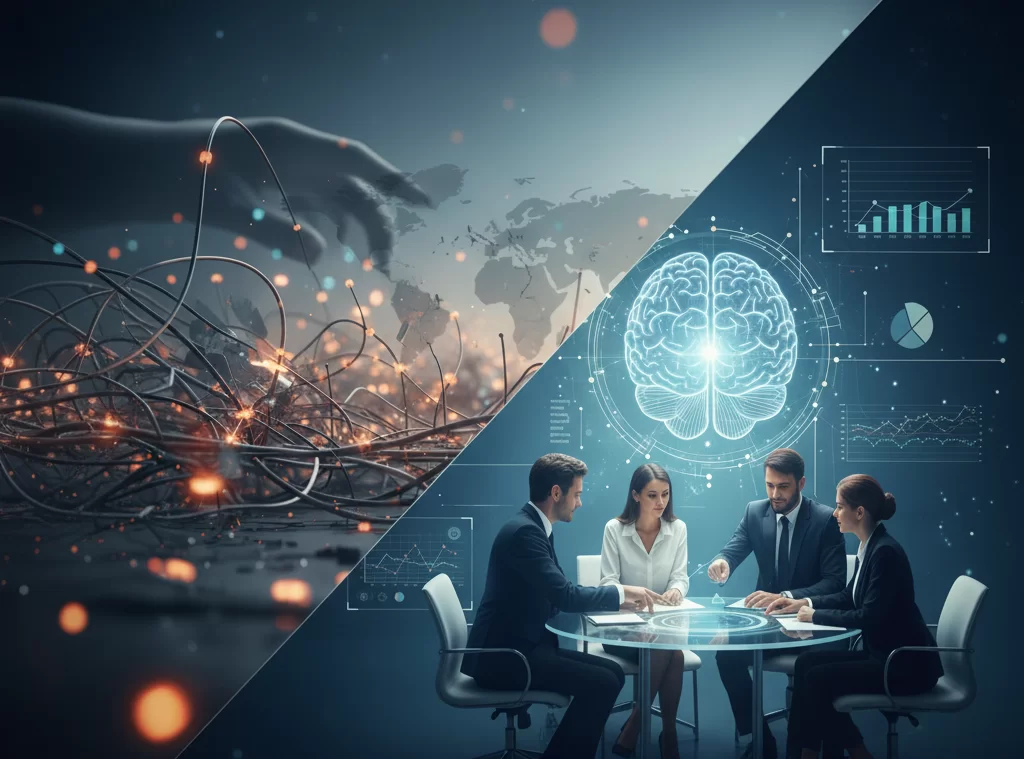 Decisões estratégicas para 2026: Executivos colaboram em um ambiente inovador, simbolizando o planejamento estratégico necessário para o cenário global. A imagem destaca a importância da inteligência de dados e da adaptabilidade nas tomadas de decisão que moldarão o futuro dos negócios.