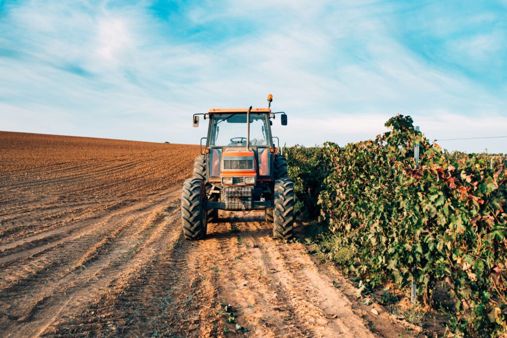Imagem de um trator passando ao lado de uma plantação exemplificando a produção de sementes