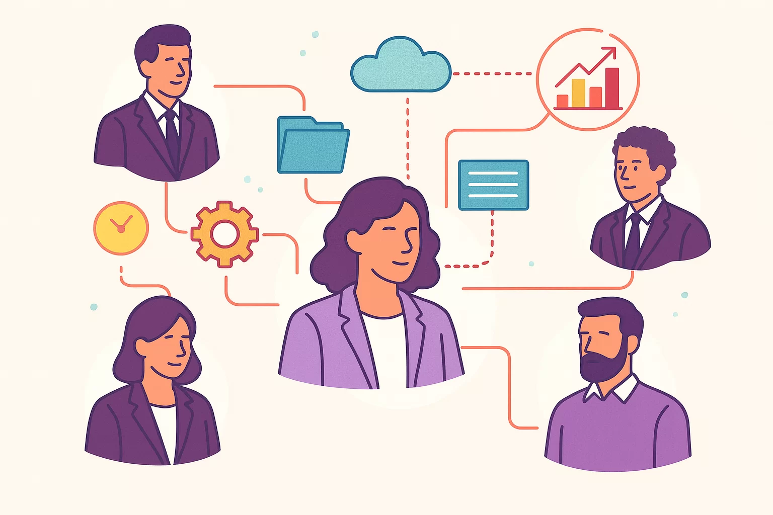 Ilustração de pessoas conectadas por linhas e ícones de dados, simbolizando a continuidade do conhecimento nas empresas e o compartilhamento de informações.