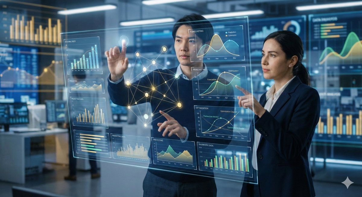 Data-driven: como transformar dados em decisões inteligentes Profissionais analisam métricas e gráficos complexos em interface digital futurista, ilustrando a aplicação de uma cultura data-driven na tomada de decisões estratégicas.