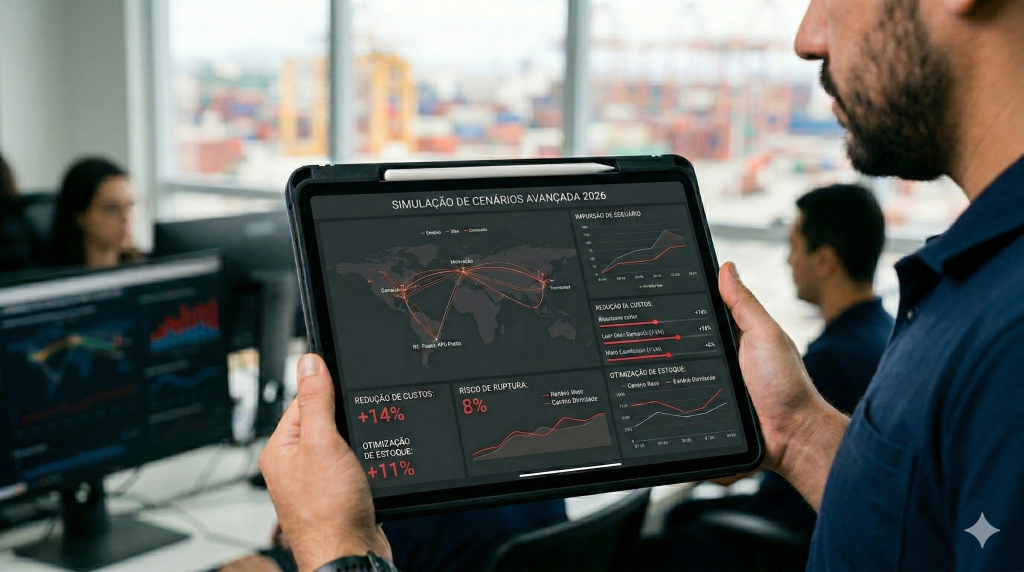 Profissional analisando um dashboard de simulação de cenários logísticos em um tablet, ilustrando o uso de advanced analytics e modelagem preditiva no supply chain.