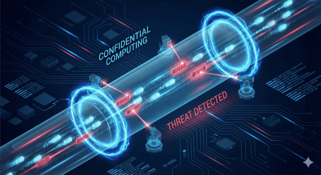Ilustração de um fluxo de dados digitais protegido por uma camada de segurança cibernética avançada, representando a computação confidencial.