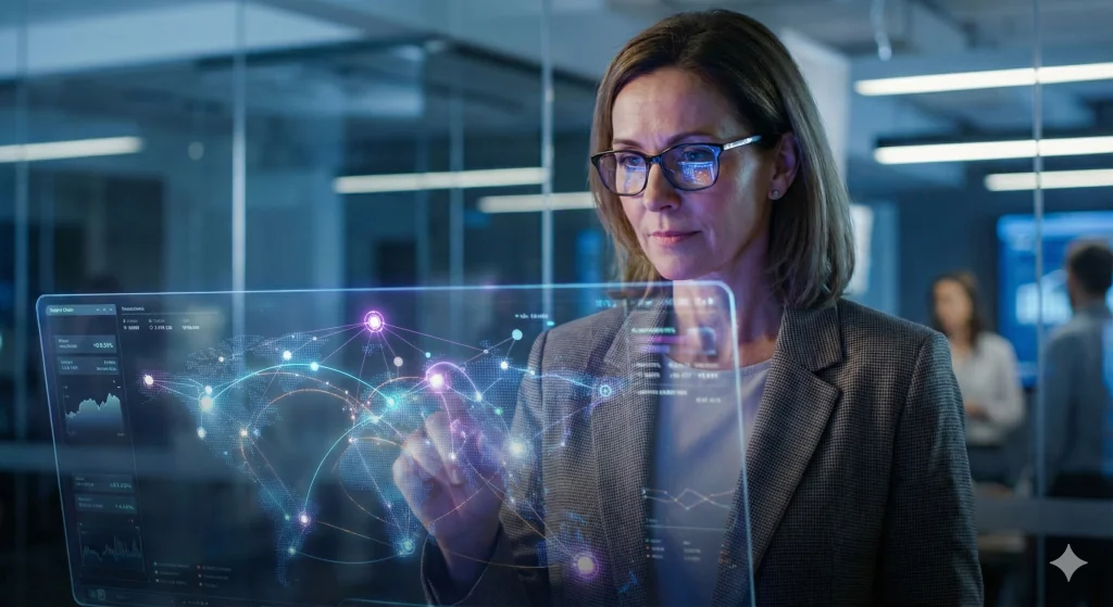 Profissional em ambiente corporativo analisando um painel holográfico futurista com dados de rede logística global, ilustrando a aplicação estratégica de GenAI em supply chain para visualização e controle.