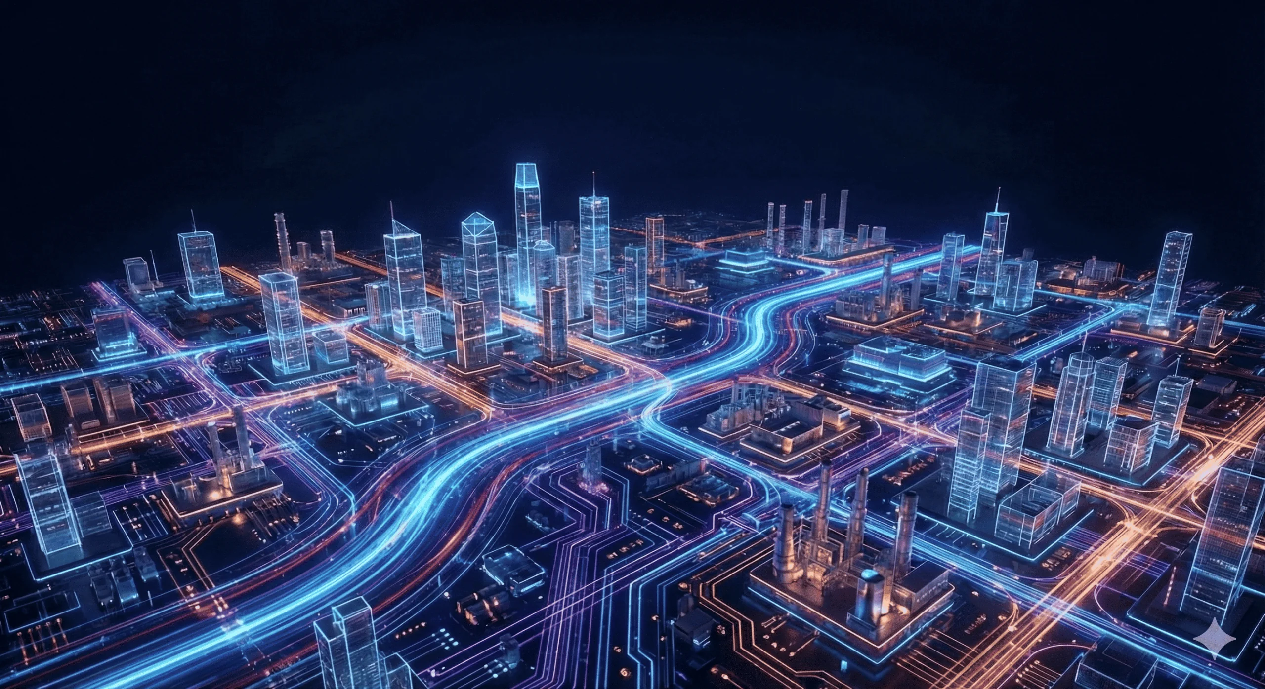 Ilustração de uma cidade digital futurista e complexo industrial conectados por fluxos de dados luminosos em neon azul e laranja, representando a Inteligência Artificial como infraestrutura crítica nas tendências tecnológicas do Gartner para 2026.