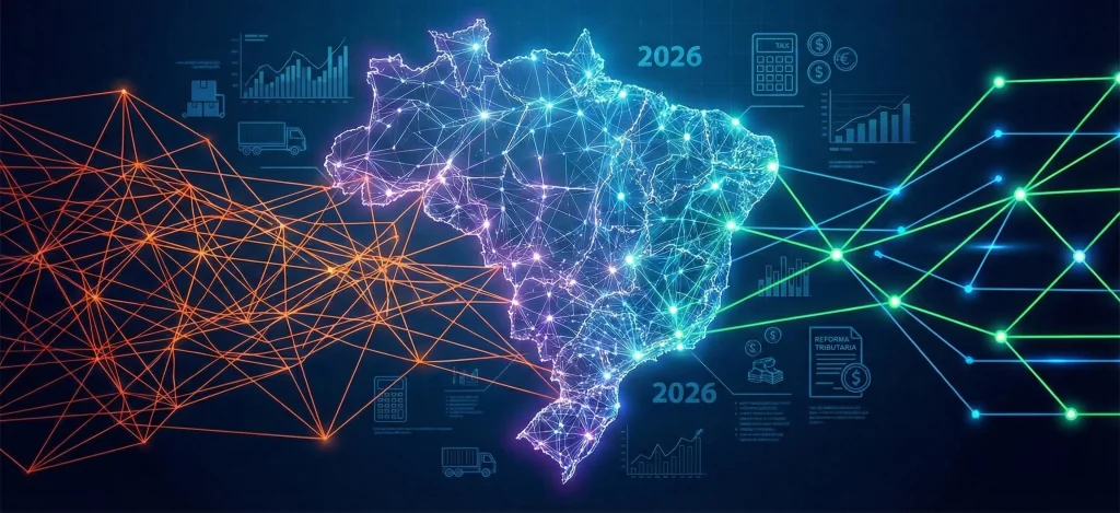 Ilustração digital de um mapa do Brasil estilizado com redes de dados conectadas em laranja e verde, representando a transformação e otimização da malha logística através de network design frente à reforma tributária, com destaque para o ano 2026 e ícones de logística e finanças.