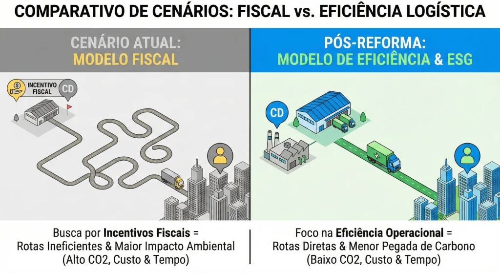 Infográfico comparativo dividido em duas partes. À esquerda, "Cenário Atual: Modelo Fiscal", ilustrando um Centro de Distribuição distante com uma rota de entrega longa e sinuosa motivada por incentivos fiscais. À direita, "Pós-Reforma: Modelo de Eficiência & ESG", mostrando um CD próximo ao cliente com uma rota direta e curta, simbolizando redução de custos e de emissões de CO2.