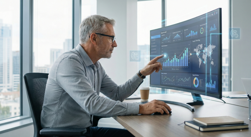 Profissional utilizando ferramentas de análise avançada e IA para tomada de decisão estratégica.