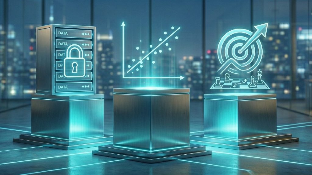 Ilustração 3D em ambiente corporativo exibindo três pilares holográficos iluminados em azul. Eles representam a estrutura da inteligência de mercado com ciência de dados, com ícones para governança de dados (servidor seguro), capacidade analítica (gráfico de dispersão) e conhecimento de negócio (alvo e xadrez).