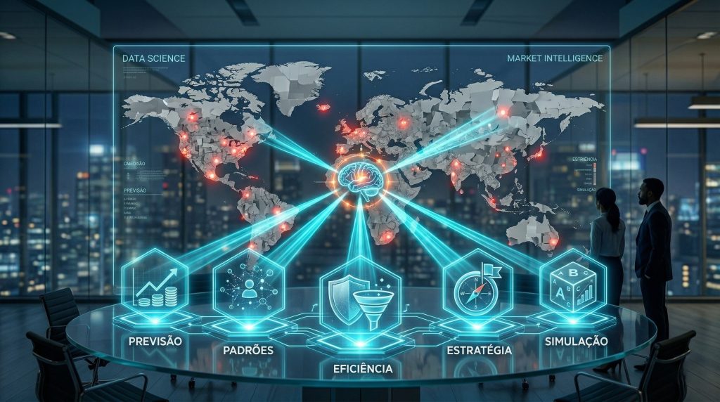Projeção holográfica em uma mesa de reuniões exibindo um mapa global conectado a um cérebro digital luminoso. O cérebro emite feixes de luz para cinco painéis hexagonais que representam os pilares da ciência de dados na inteligência de mercado: previsão, padrões, eficiência, estratégia e simulação. Dois profissionais observam a projeção ao fundo.
