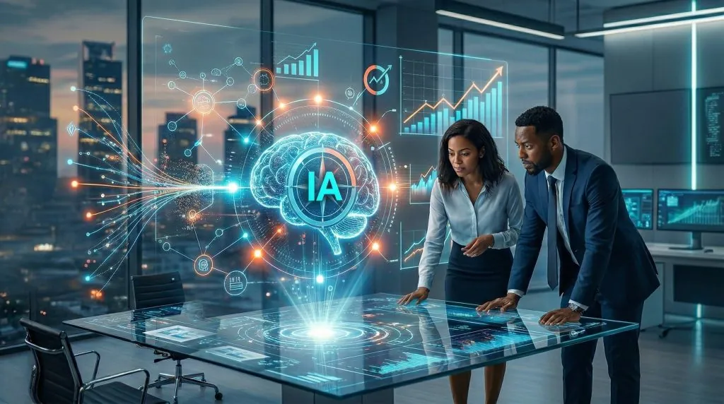 Dois profissionais de negócios analisam projeções de inteligência artificial em uma mesa interativa, com visualizações de dados, gráficos e redes neurais holográficas ao fundo.