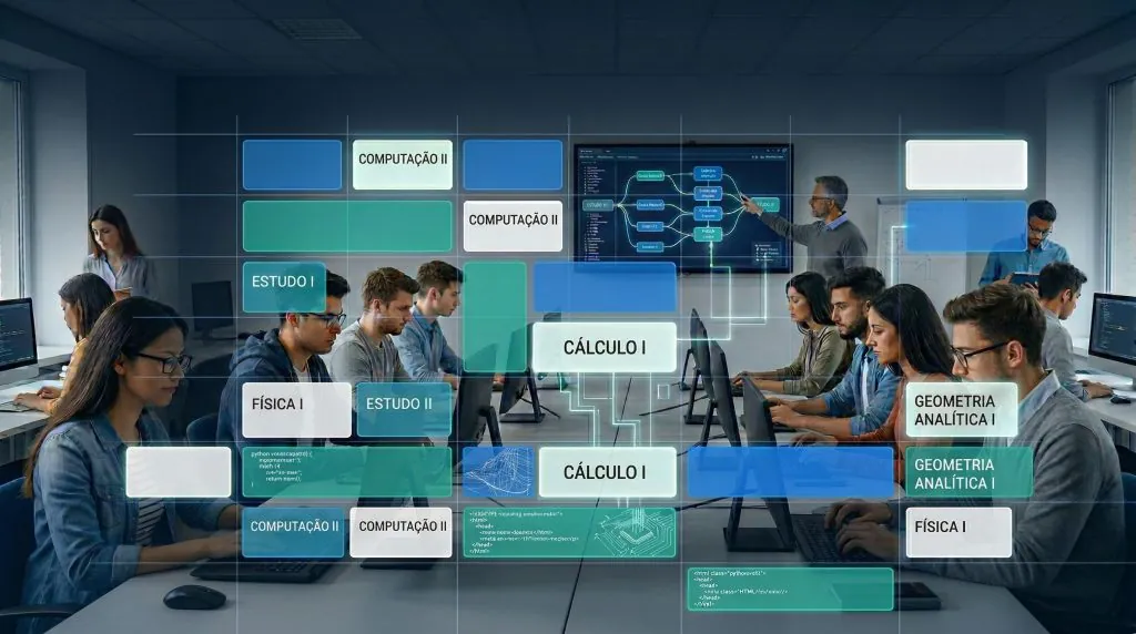Alunos estudando em um laboratório de informática moderno com uma sobreposição visual de blocos digitais mostrando disciplinas como Cálculo I e Física I, representando como o ensalamento e timetable inteligentes otimizam o planejamento acadêmico.