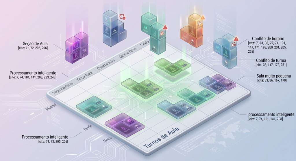 Ilustração conceitual em 3D mostrando o ensalamento e timetable como um jogo de Tetris, onde blocos coloridos representando turmas se encaixam em uma grade de horários e salas, ilustrando a otimização de recursos e a resolução de conflitos acadêmicos.