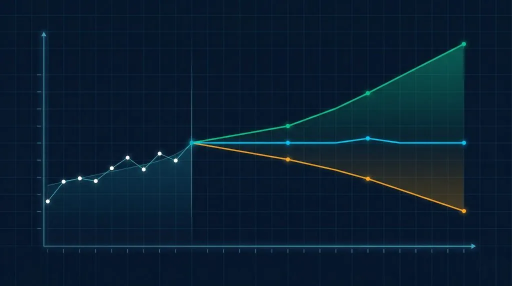 Gráfico de forecast com três cenários — otimista, base e pessimista — gerado por IA no planejamento de demanda.